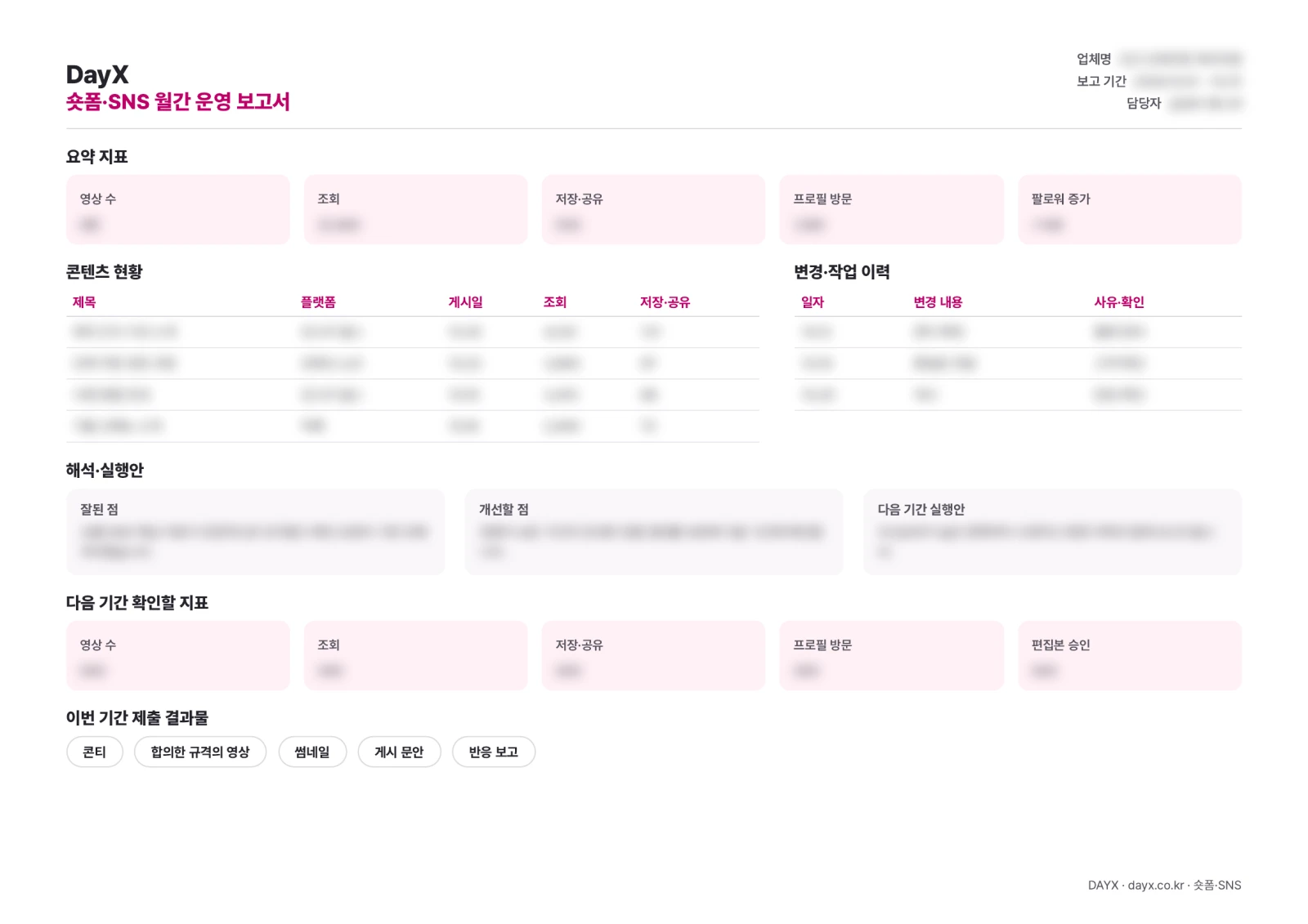 숏폼·SNS 월간 운영 보고서 PDF 양식. 요약 지표, 변경·작업 이력, 해석·실행안, 다음 기간 확인 지표, 제출 결과물 항목이 있고 값은 블러 처리되어 있습니다